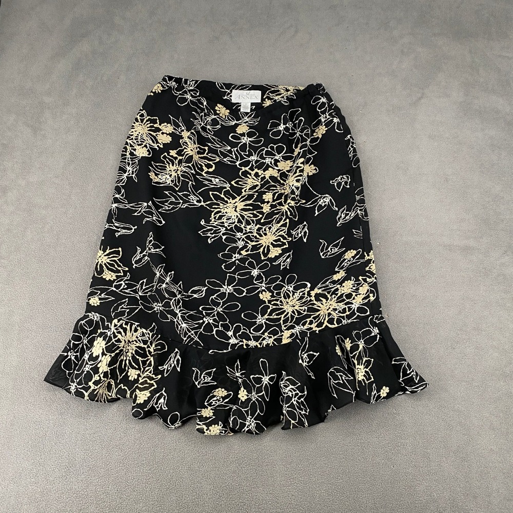 Casual Corner Annex Black Floral Ruffle Hem Midi Skirt Size 12 Chiffon Lined